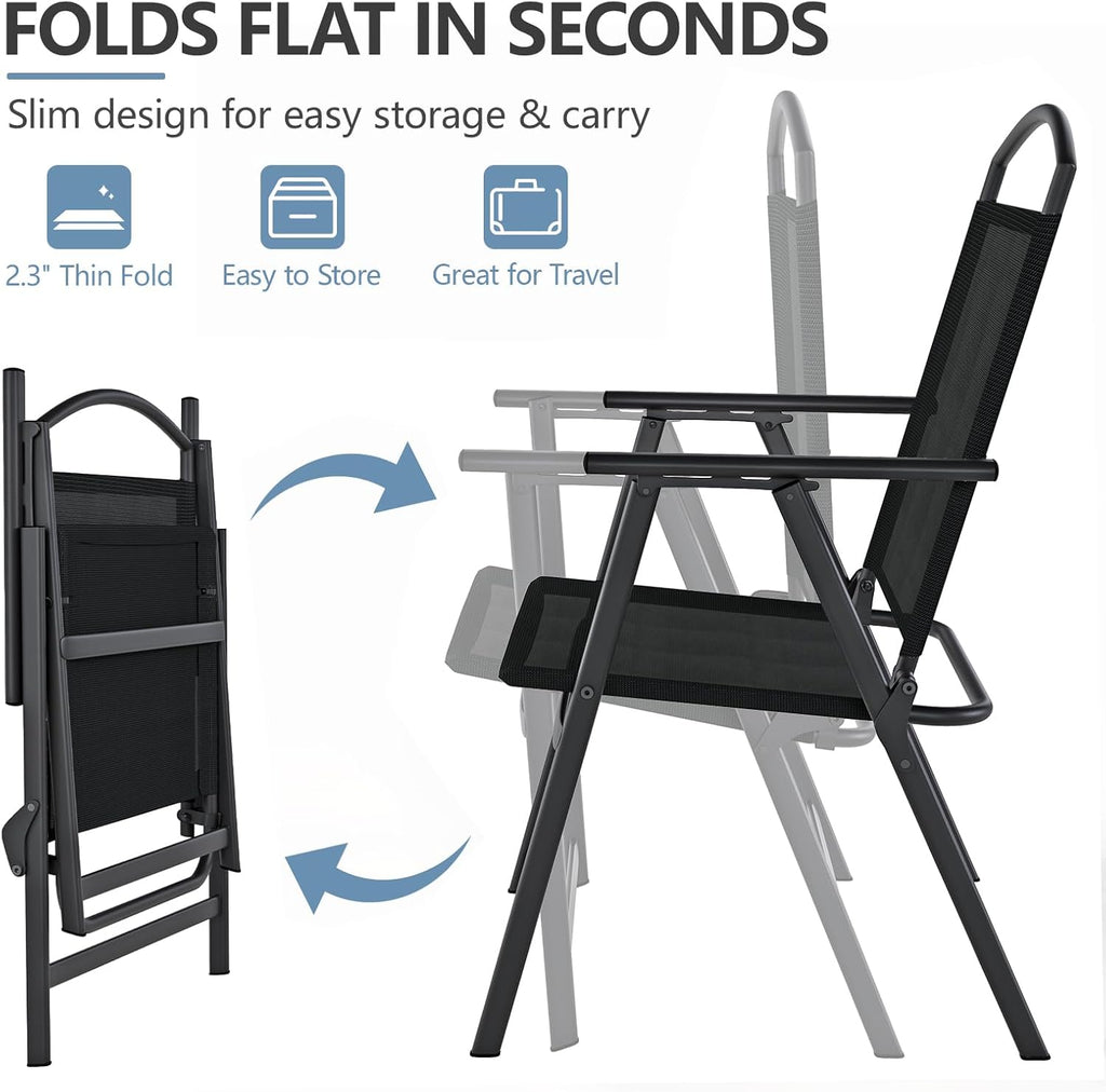 SWITTE Folding Patio Chairs Set of 2, Outdoor Dining Chairs with Armrests, Breathable Textilene & Steel Frame for Lawn, Garden, Yard or Poolside - Black