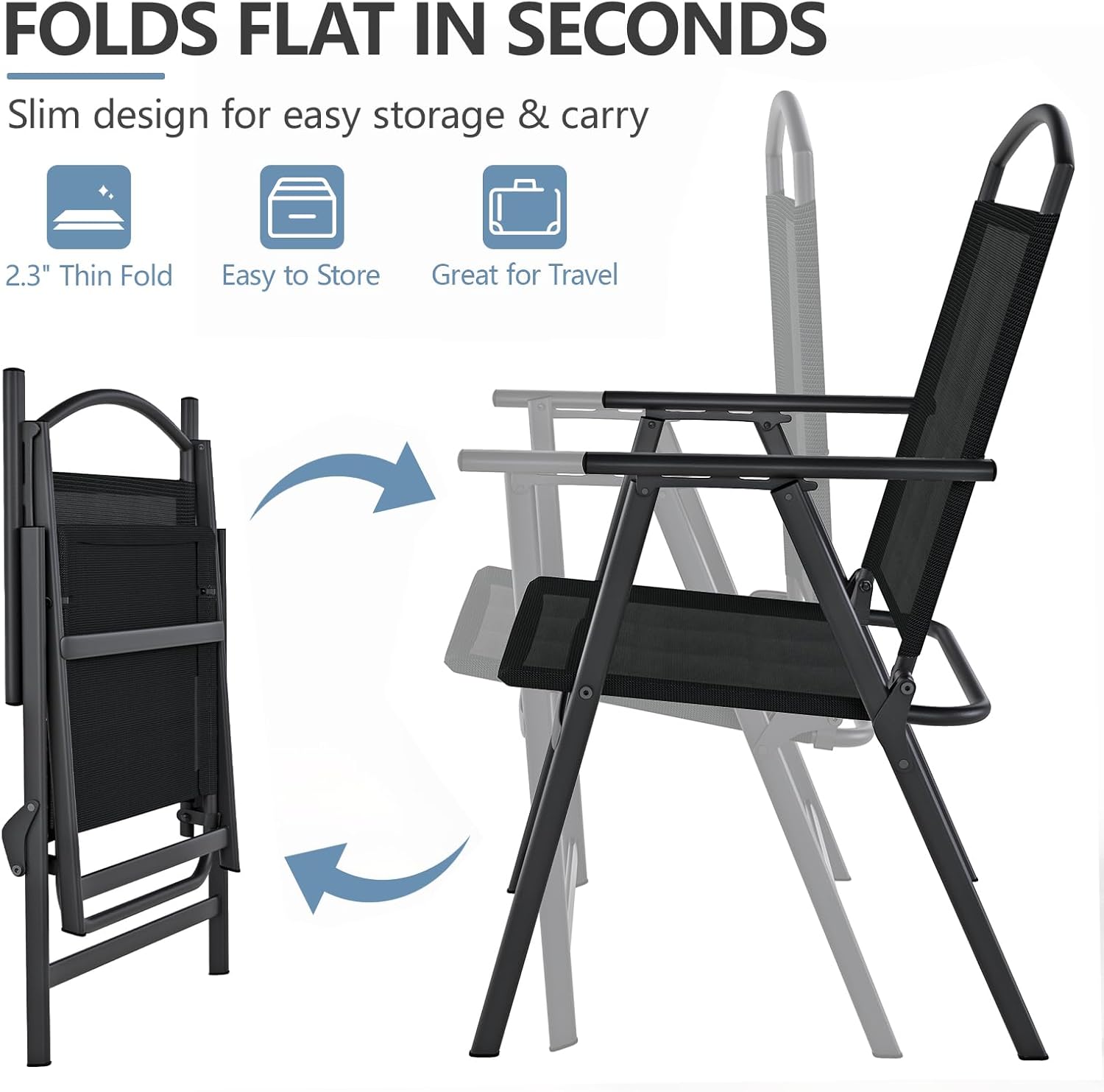 SWITTE Folding Patio Chairs Set of 2, Outdoor Dining Chairs with Armrests, Breathable Textilene & Steel Frame for Lawn, Garden, Yard or Poolside - Black