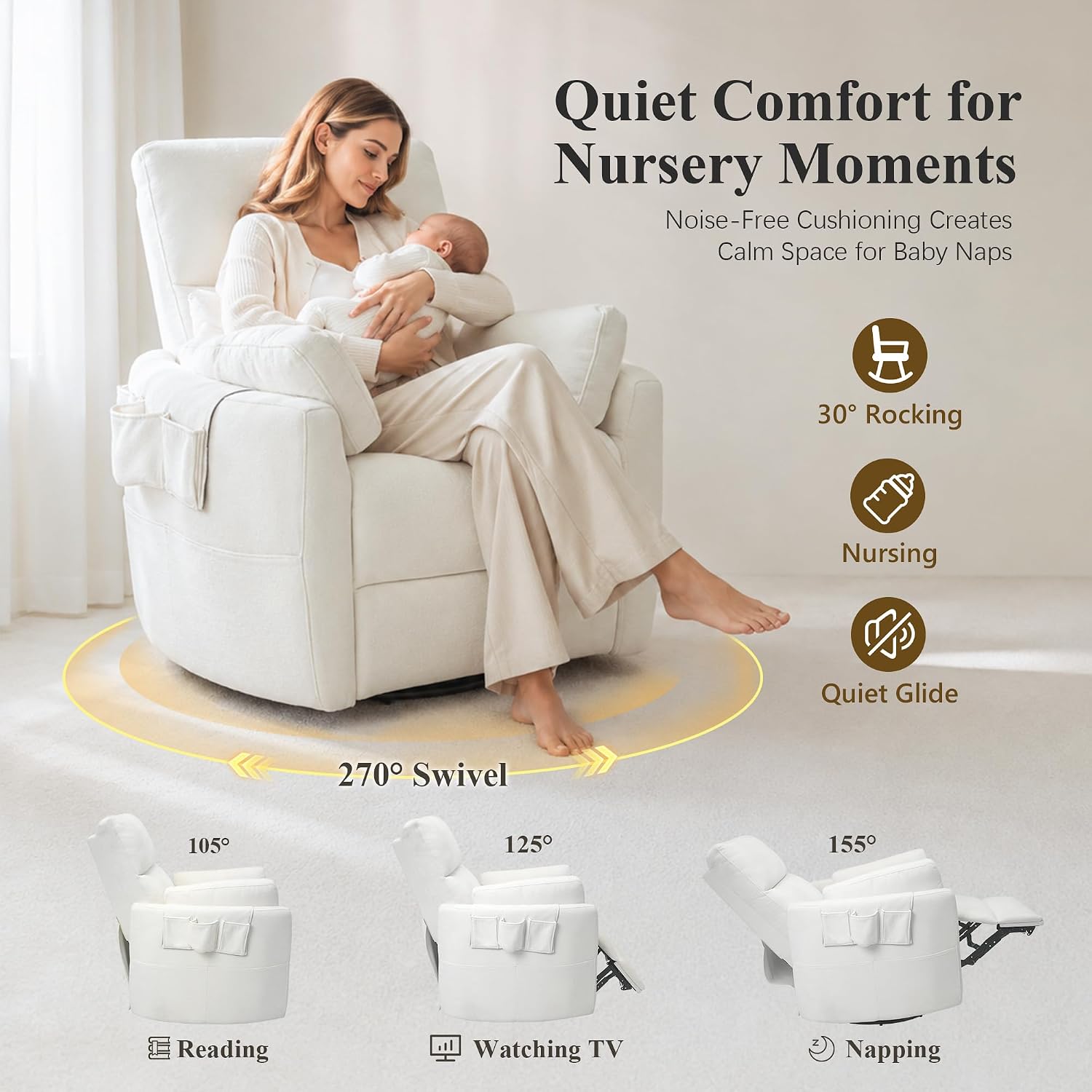 Oversized Power 270°Swivel Rocking Recliner Chair Nursery, White | Wraparound Arms, Four Storage Side Pockets, Detachable Organizer, 2 Pillows, USB & Type-C, One-Touch Controls, 30°Rocking