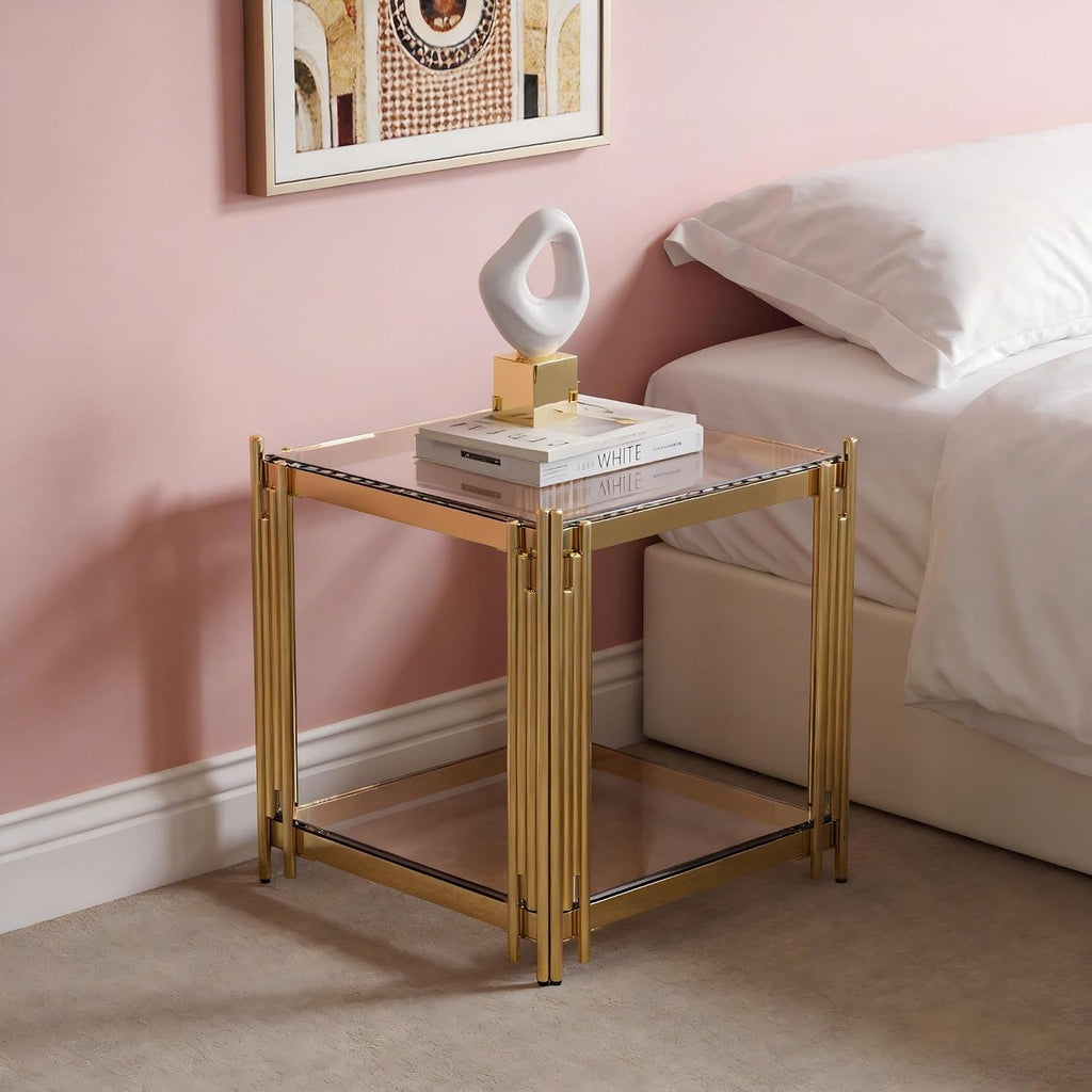 Luxury Gold Square Glass End Table, 19.7" Modern Side Table with Stainless Steel Irregular Leg Clear Tempered Glass Tabletop, Accent Furniture for Living Room (Clear, Set of 2)