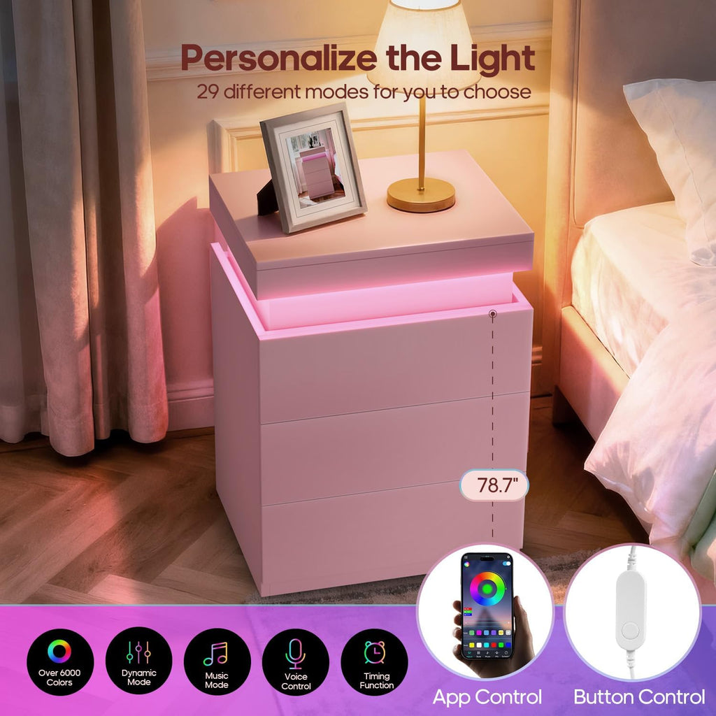 ADORNEVE Pink Nightstand with Charging Station and LED Lights | Night Stand with Sliding Top,Bedside Table with Drawers,Modern End Side Table for Bedroom