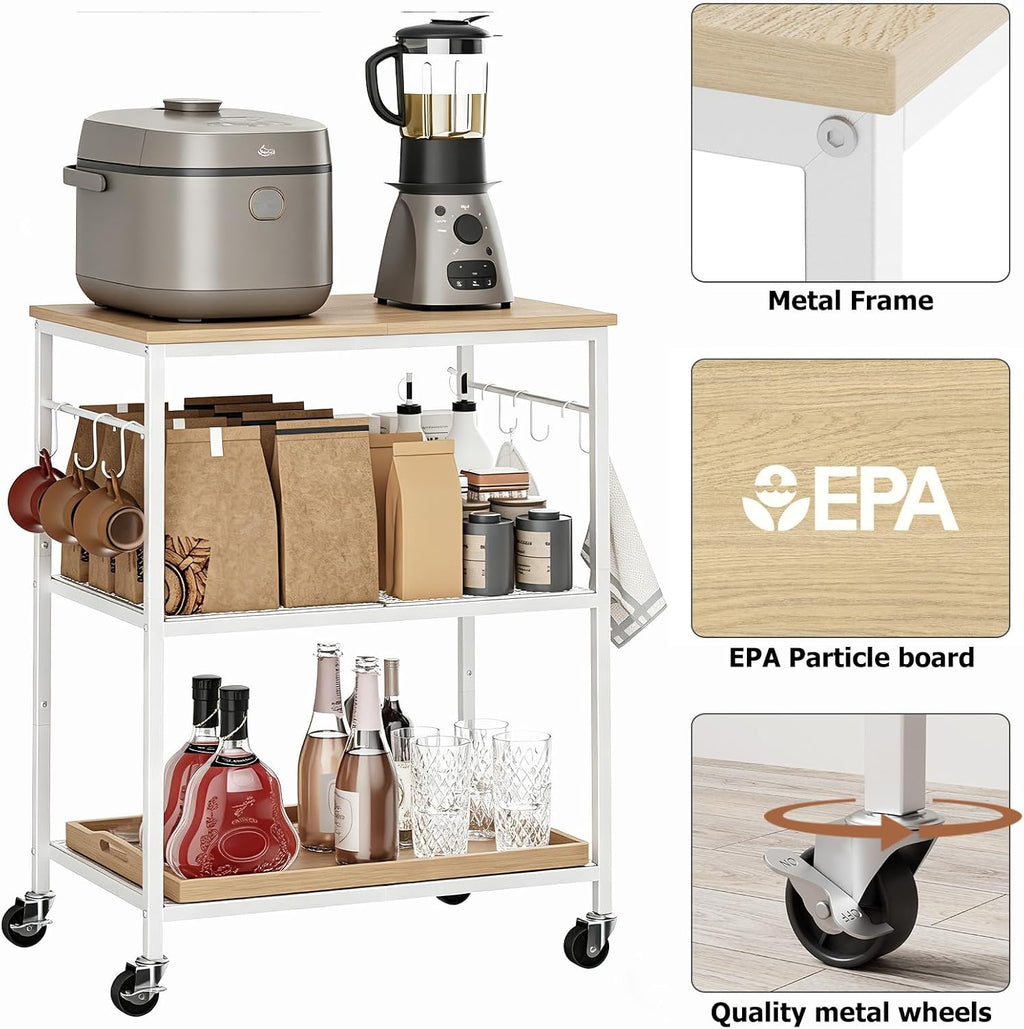 Homleke 3-Tier Rolling Kitchen Microwave Cart, Kitchen Utility Cart on Lockable Wheels, Coffee Bar Table Station with 6 S-Shaped Hooks, Small Appliance Storage Shelf, White and Natural KC40D