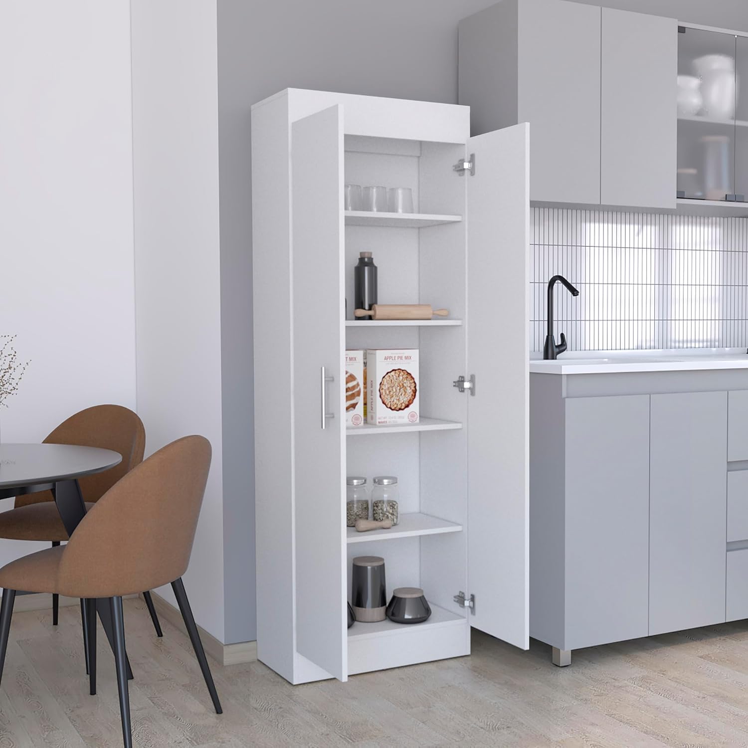 23.6" D*11.9" W*66.8" H Kitchen Pantry with 4 Shelves, Double Door, Rectangular Storage Cabinet, Modern Minimalist, for Living Room, Dining Room, White