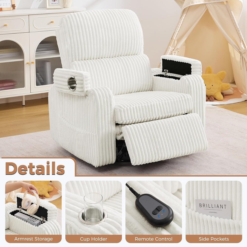 Power Swivel Rocker Recliner,Oversized Glider Recliner Nursery with Adjustable Headrest,Rocking Chair Nursery Recliner with Removable Cushion and Arm Storage for Living Room,Infinite Position,White