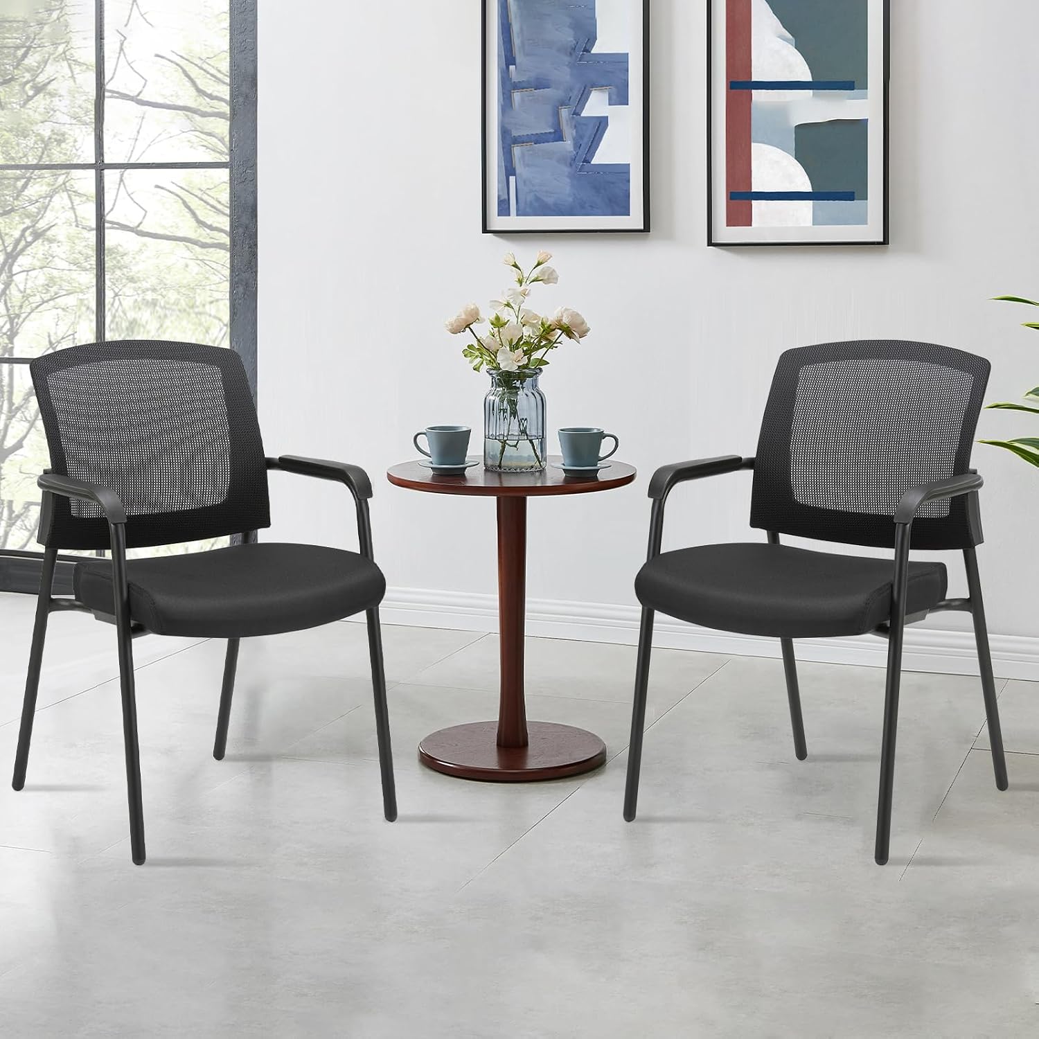 CLATINA Stacking Chairs Set of 4, Stackable Waiting Room Chairs No Wheels with Armrest, Ergonomic Mesh Office Reception Guest Chair for Home Conference Lobby Church School Meeting Training, Black