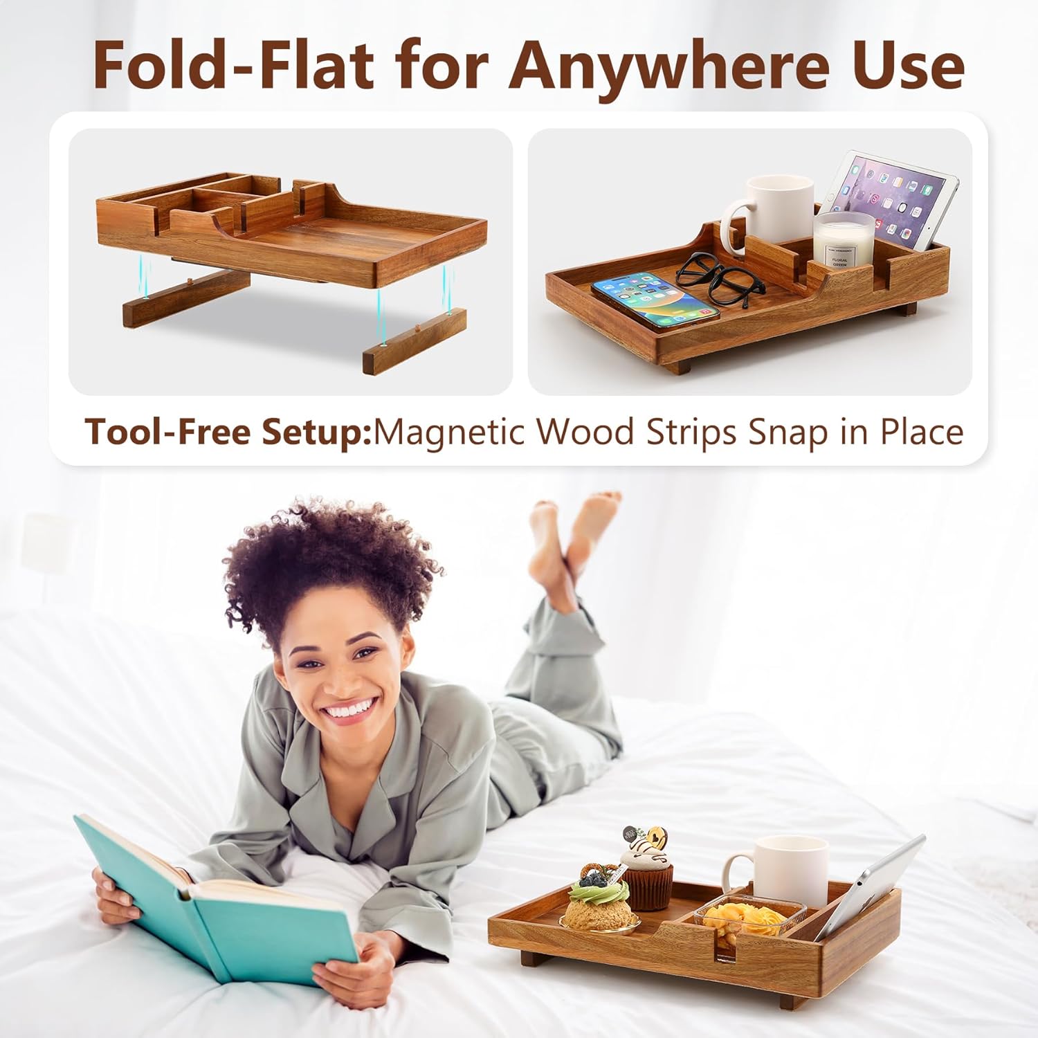 Couch Insert Tray for Middle Seat, Acacia Wood Couch Table with 2 Cup Holders, Fits Armless Sofa & Sectionals, Fold-Flat Tray for Drinks, Snacks & Remotes