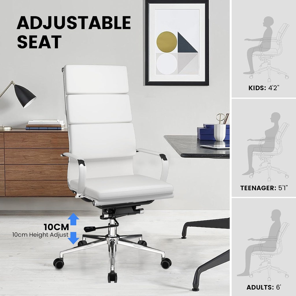 GTPOFFICE Modern White High Back Ergonomic Office Chair with Lumbar Support, Adjustable Height, Bonded Leather, Wheels