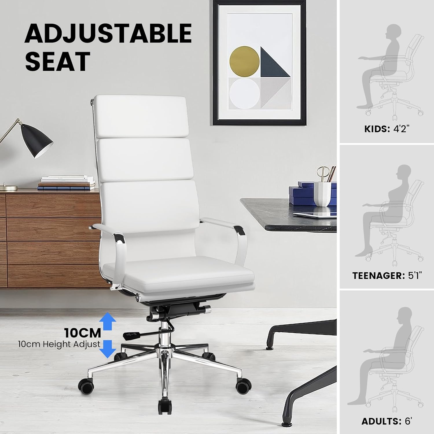 GTPOFFICE Modern White High Back Ergonomic Office Chair with Lumbar Support, Adjustable Height, Bonded Leather, Wheels