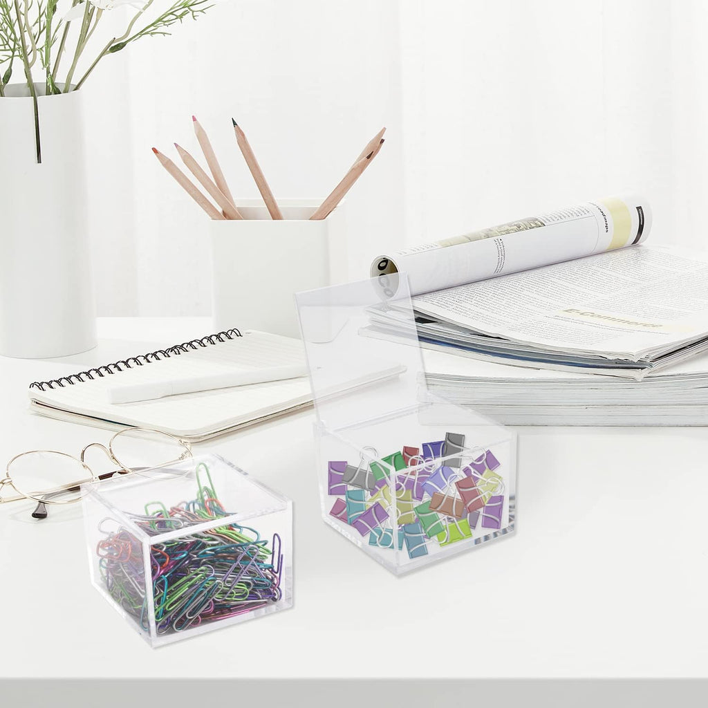 2 Pack Small Clear Acrylic Organizer with Lid for Paper Clips,Sticky Note,Qtip,Cotton Balls,Hair Ties Holder Acrylic Box for Home office Bathroom Desk Organizer