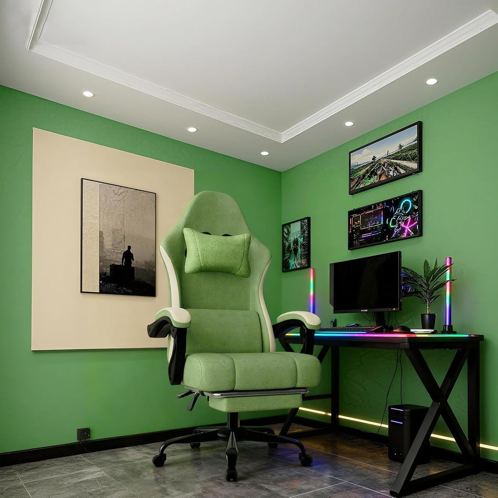 Gaming Chair, High Back Fabric Game Chair with Pocketed Spring Cushion and Footrest, Height Adjustable Computer Chair for Adults (Green)