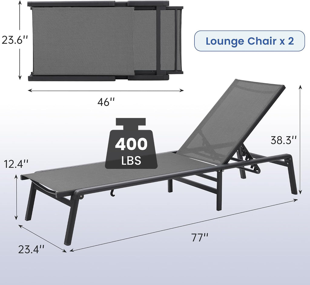 Murago Outdoor Chaise Lounge Chair Set of 2, Foldable Lightweight Patio Lounge Chair with Assembly-Free, 5-Position Adjustable Backrest, Pool Lounge Chairs for Poolside, Beach, Patio, Lawn, Dark Grey