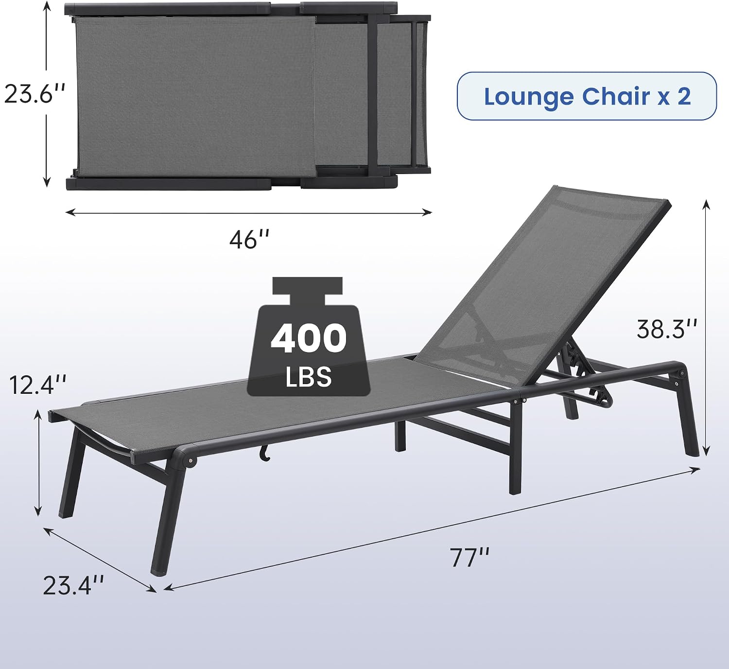 Murago Outdoor Chaise Lounge Chair Set of 2, Foldable Lightweight Patio Lounge Chair with Assembly-Free, 5-Position Adjustable Backrest, Pool Lounge Chairs for Poolside, Beach, Patio, Lawn, Dark Grey