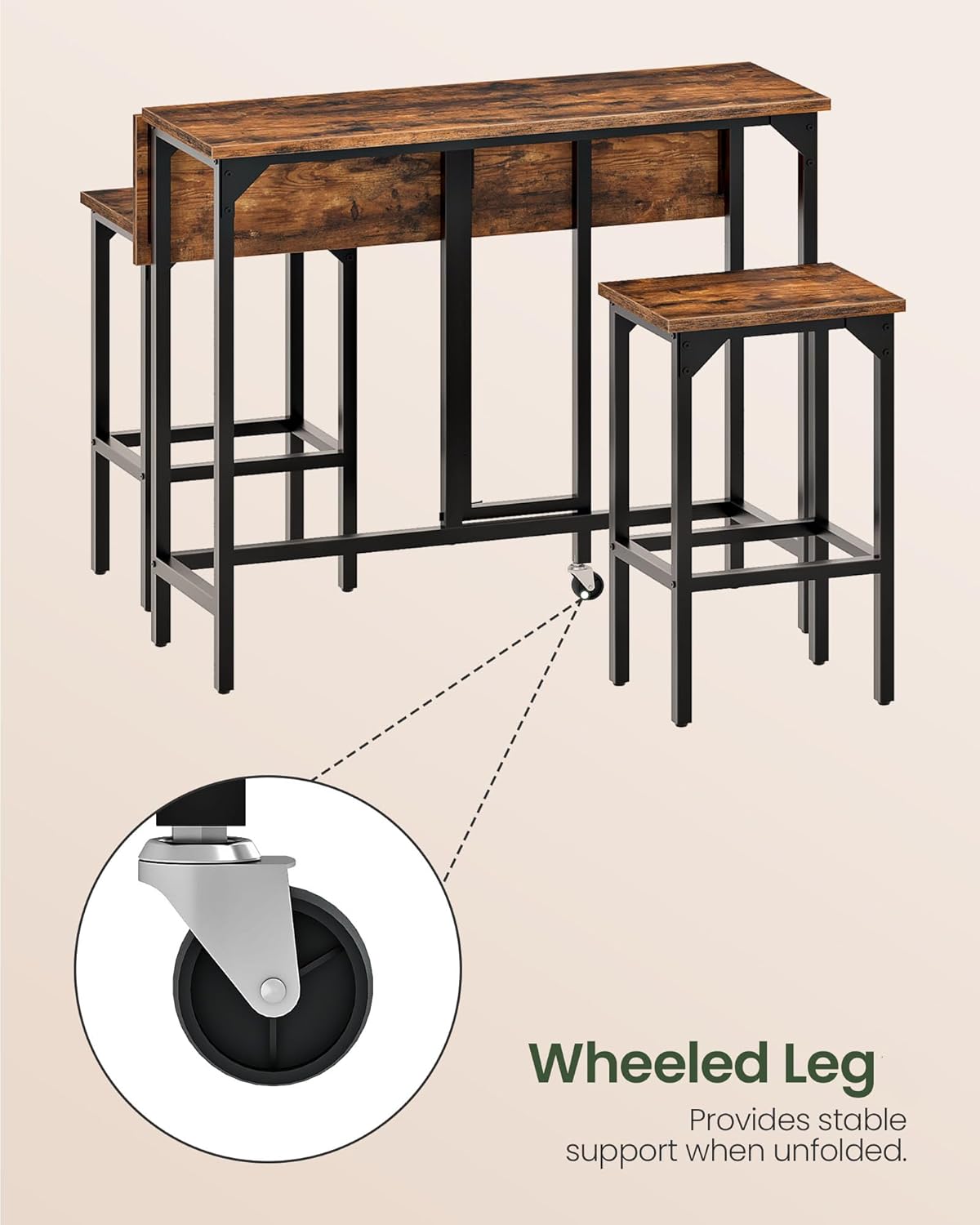 CHOEZON Bar Table and Stool Set, 39.4'' Folding Dining Table with 2 Stools, Industrial Style, for Restaurant, Living Room, Pub, Rustic Brown and Black TBT02BF