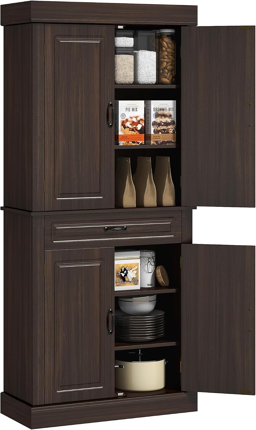 71" Freestanding Kitchen Pantry with 4 Doors, and 2 Large Cabinets, Tall Storage Cabinet with Wide Drawer for Dining Room, Coffee