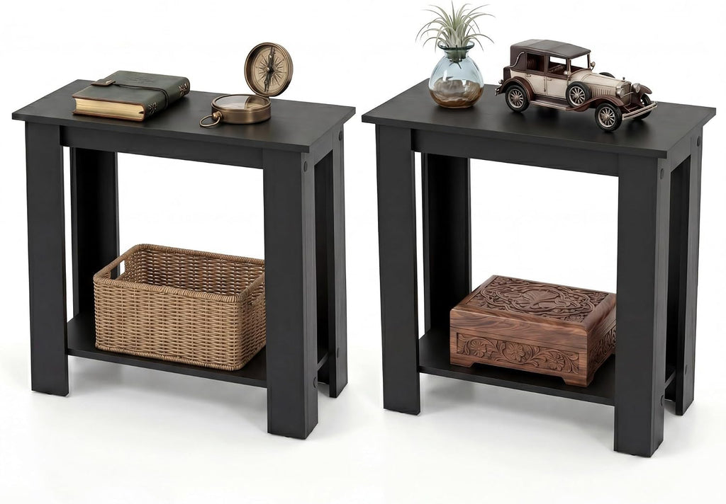 Tangkula 2-Tier Wooden Narrow End Table, Open Storage Side Nightstand, Retro Space Saving Sofa Accent Table for Living Room Bedroom, Easy Assembly (Black,2)