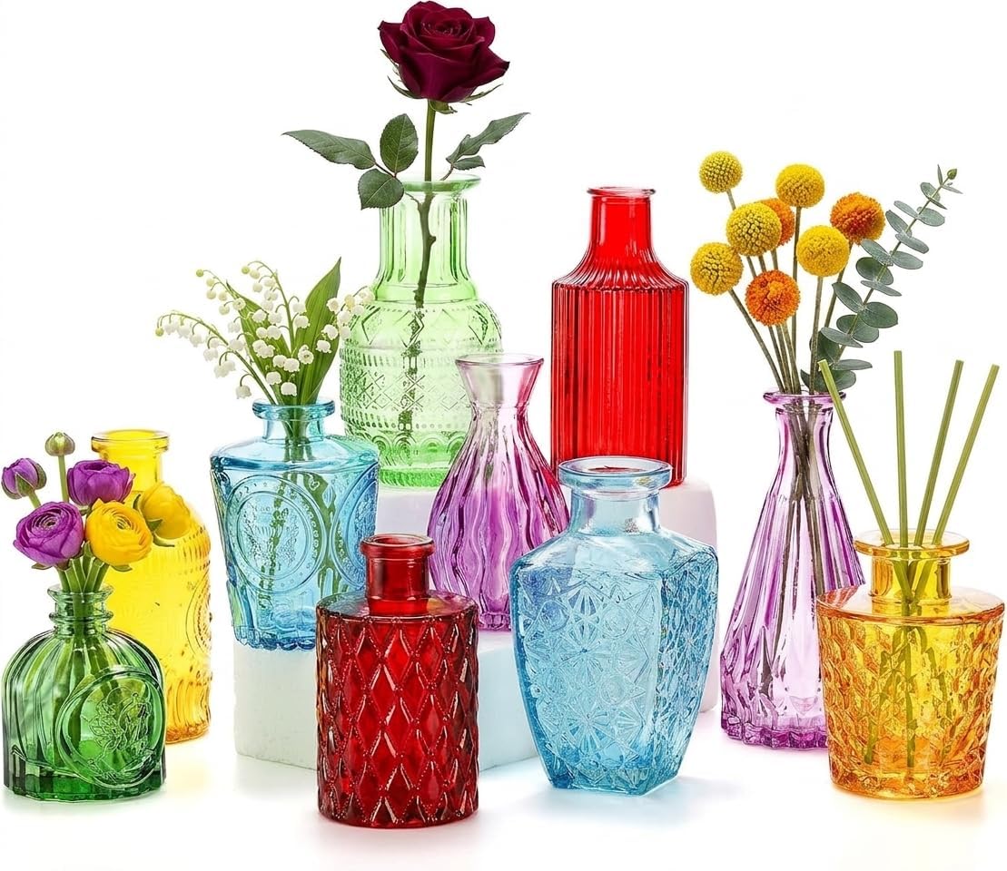 Coloch Set of 10 Colored Bud Vases, Assorted Small Glass Flower Vases Vintage Carved Floral Vase Single Bud Vase in Bulk for Centerpieces, Parties, Wedding Decoration, Office, Home