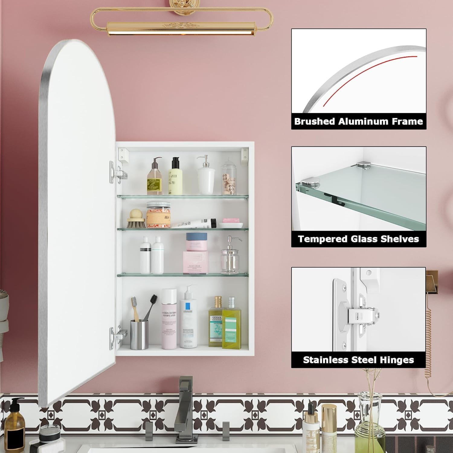 FKWin Arched Medicine Cabinets with Mirror, Bathroom Mirror with Storage, Aluminum Alloy Bathroom Cabinet, Modern Bathroom Wall Cabinet with 3 Adjustable Shelves, Not Recessed, 29.5"x15.7",Silver