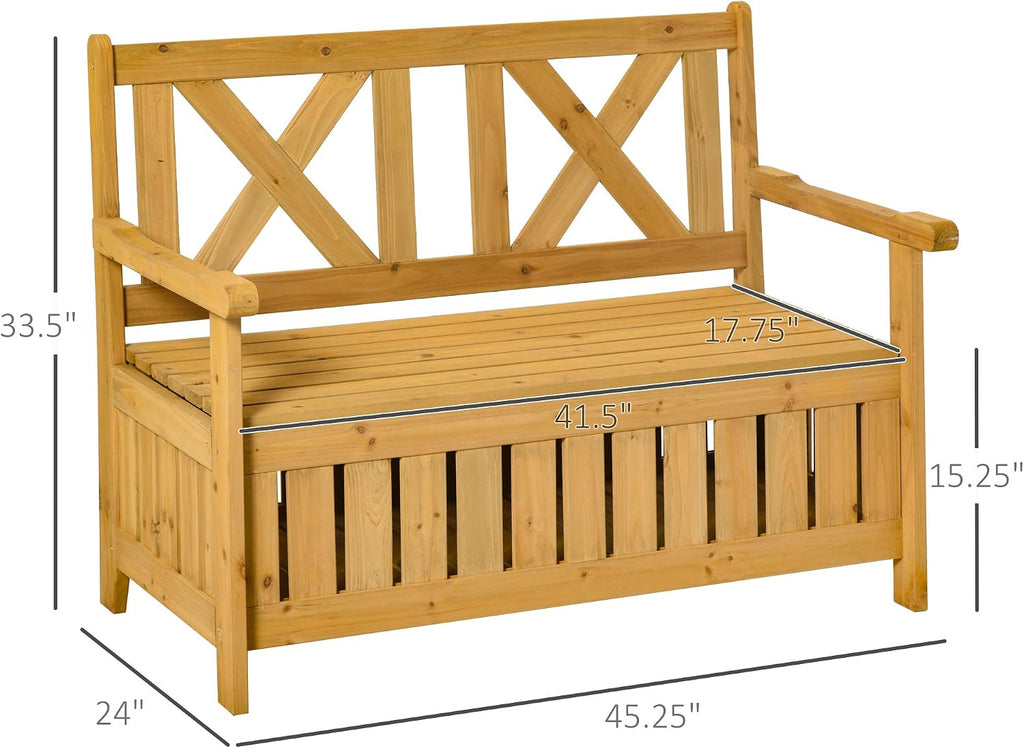 Patio Wooden Bench with Storage Box, 29 Gallon Outdoor Storage Bench, Large Entryway Deck Box w, Unique X Shape Back, for Deck, Porch Balcony, Yellow