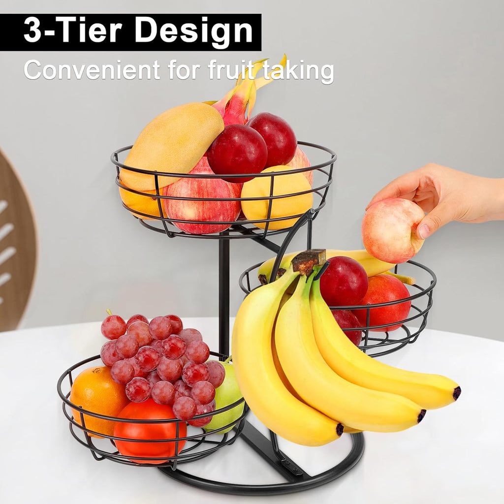 Livabber Fruit Basket Bowl with Banana Hanger, Fruit Vegetable Storage Basket with Banana Tree Holder for Kitchen Counter, Detachable Organizer for Bread Snack Produce (Black, 3-Tier Metal Base)