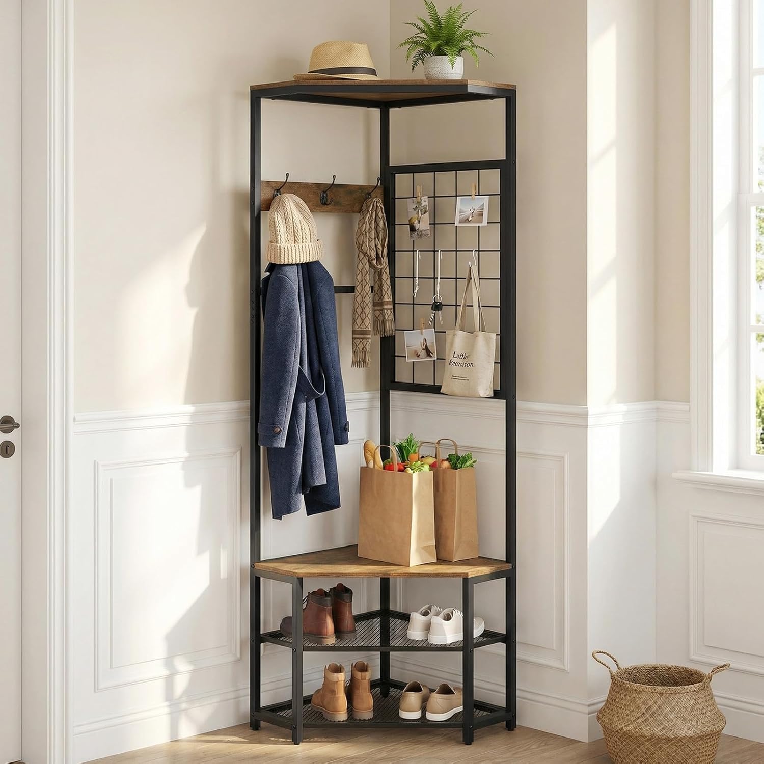 Giantex Corner Hall Tree with Shoe Bench, 4-Tier Freestanding Coat Rack with Hooks & 2-Tier Metal Wire Shoe Rack, Industrial Corner Storage Organizer for Entryway, Hallway, Bedroom