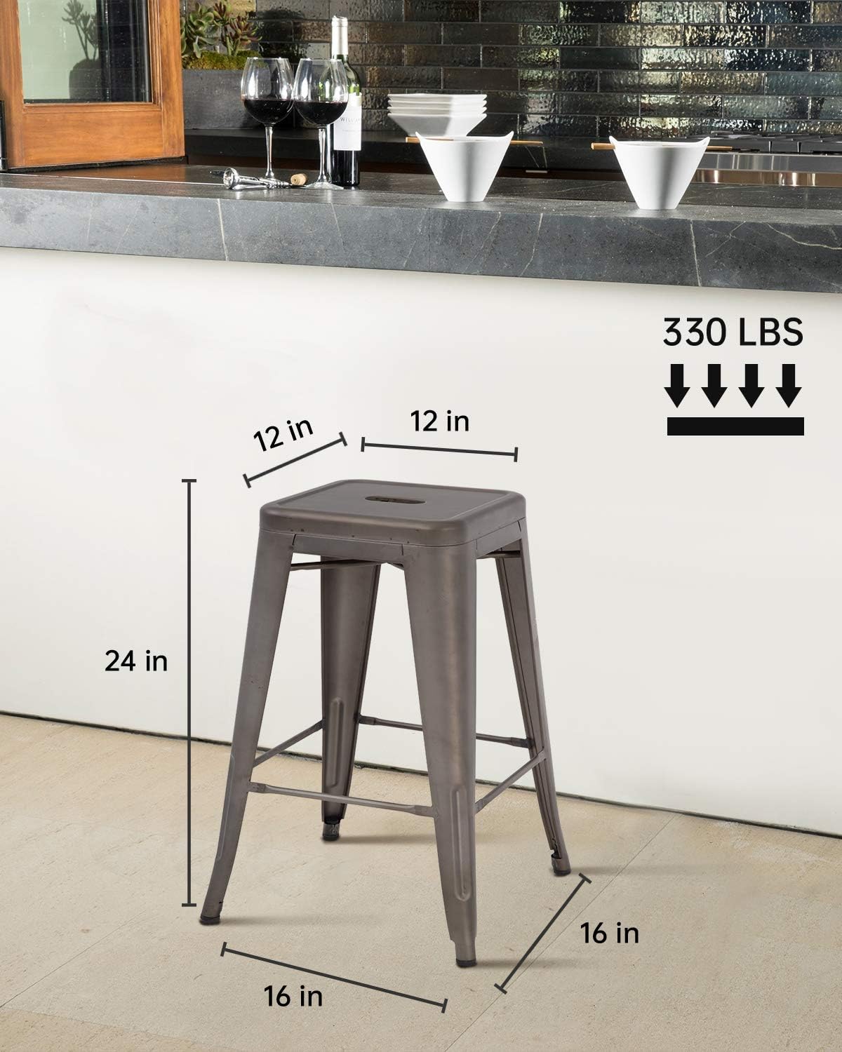 FDW Set of 4 Metal Bar Stools Counter Barstools Indoor Outdoor Stackable Modern Metal Bar Stools Kitchen Counter Stools Chairs (Brown)