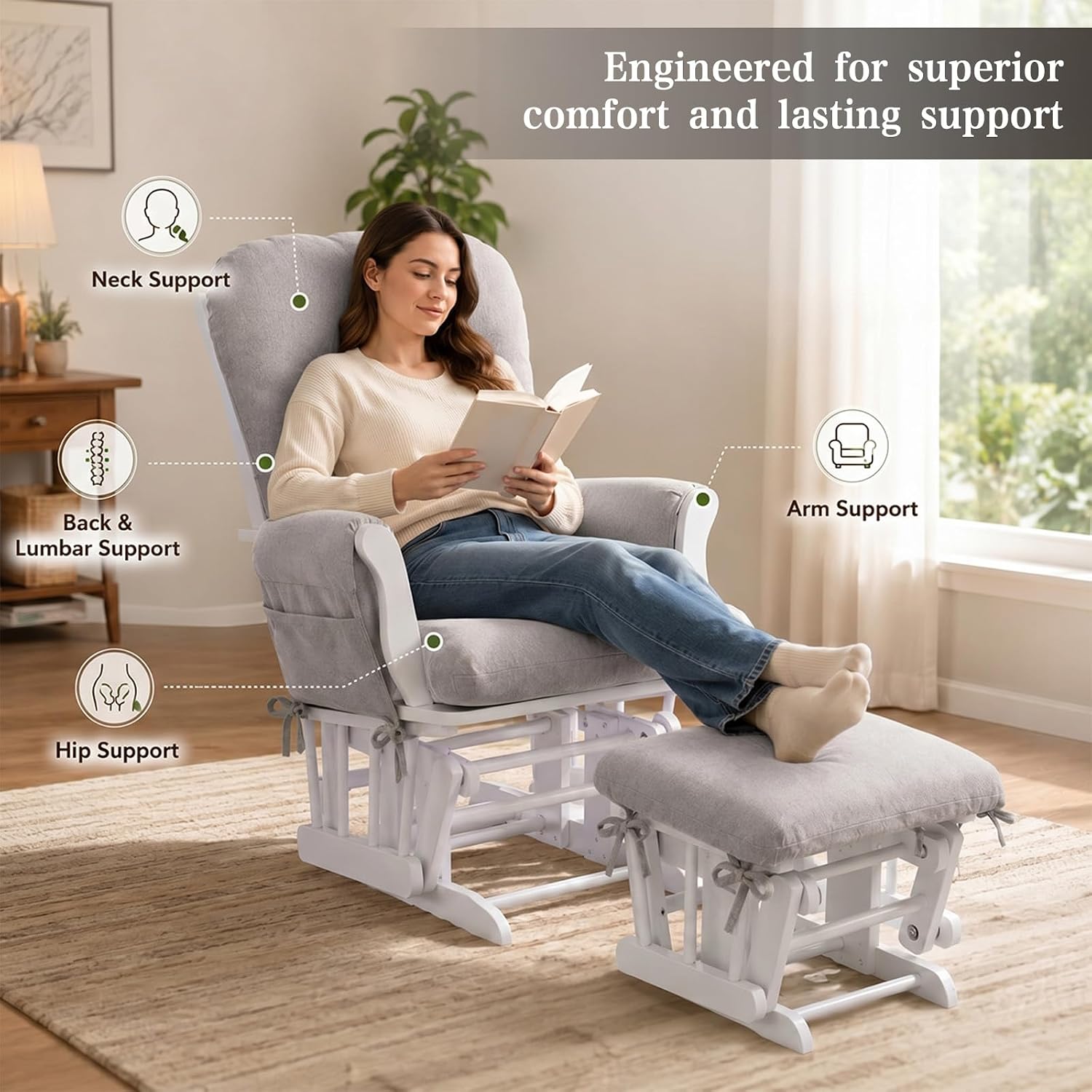 ANMINY 5pcs Glider Rocker Replacement Cushions Set - Thickened Glider Rocking Chair Cushions with 29.5 inch High Backrest & Side Pockets for Indoor Nursery, Washable & Non Slip, Beige