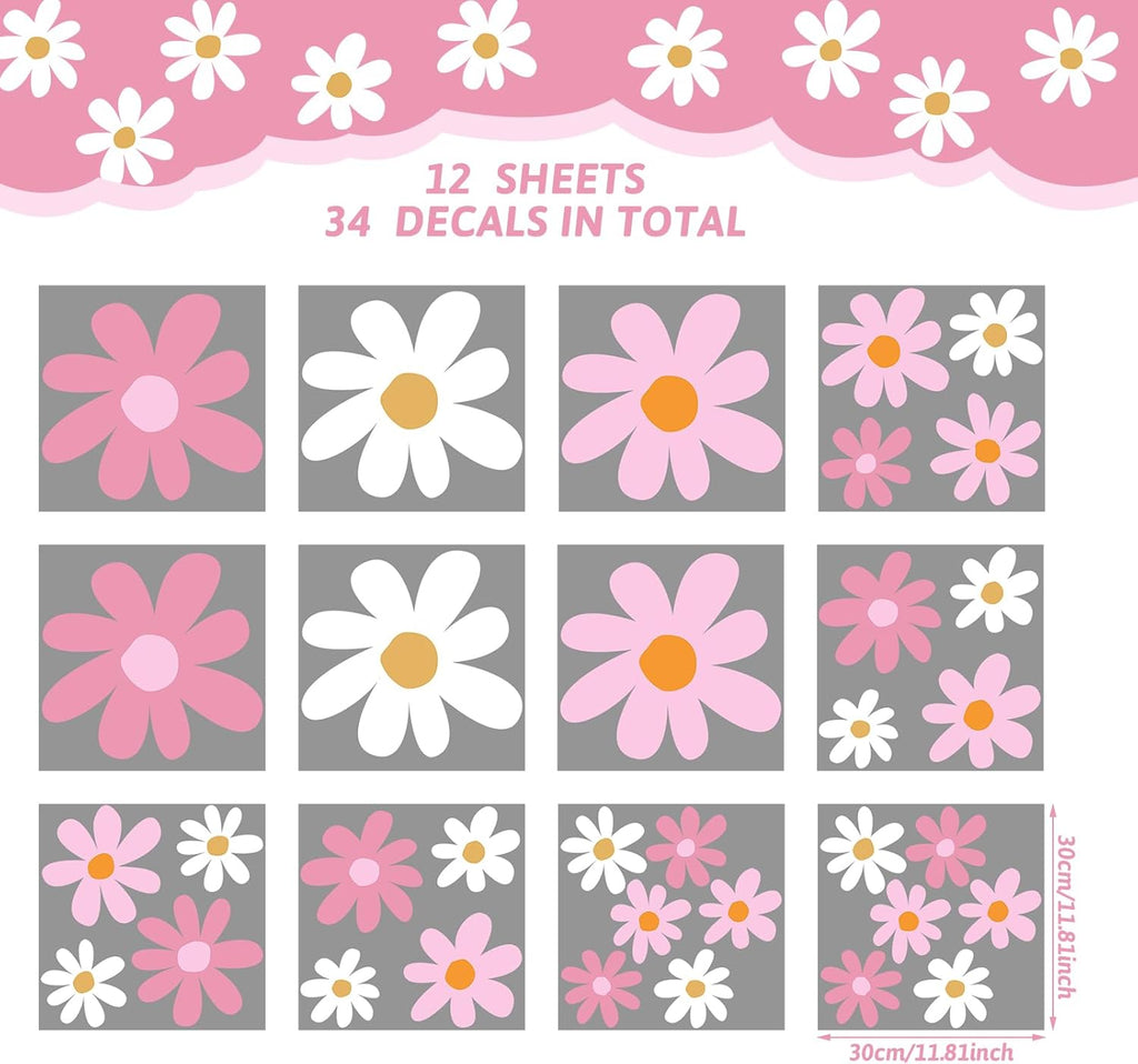 TaoBary 12 Sheet Daisy Wall Sticker Decal Removable Cute Daisy Bedroom Room Decor Flower Wall Sticker Pink White Flower Decal Wallpaper Peel and Stick for Nursery Home(Pink Color,Vibrant Style)