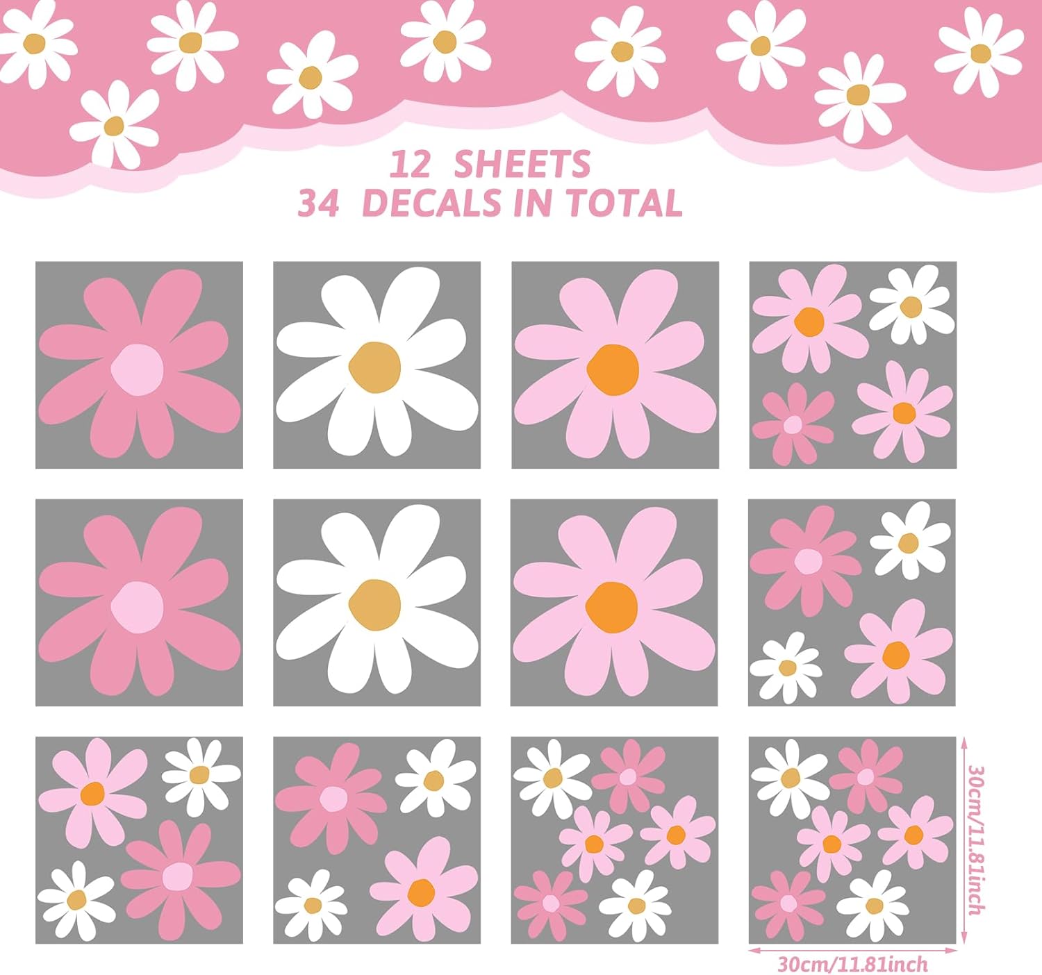 TaoBary 12 Sheet Daisy Wall Sticker Decal Removable Cute Daisy Bedroom Room Decor Flower Wall Sticker Pink White Flower Decal Wallpaper Peel and Stick for Nursery Home(Pink Color,Vibrant Style)