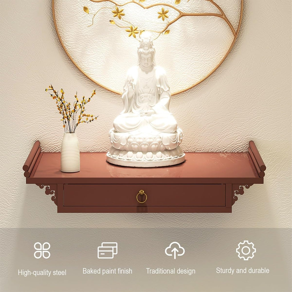 Wall-Mounted Shrine Altar, Prayer Meditation Table with Retractable Pull Plate, Buddha Shelf Statue Stand for Home, Office, Studio, Yoga(Red,15.7 * 9.1in)