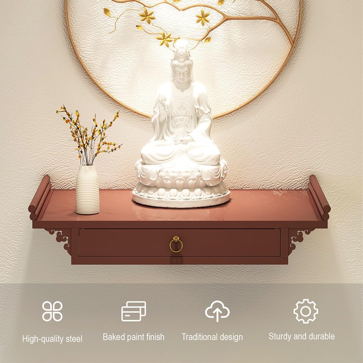 Wall-Mounted Shrine Altar, Prayer Meditation Table with Retractable Pull Plate, Buddha Shelf Statue Stand for Home, Office, Studio, Yoga(Red,15.7 * 9.1in)