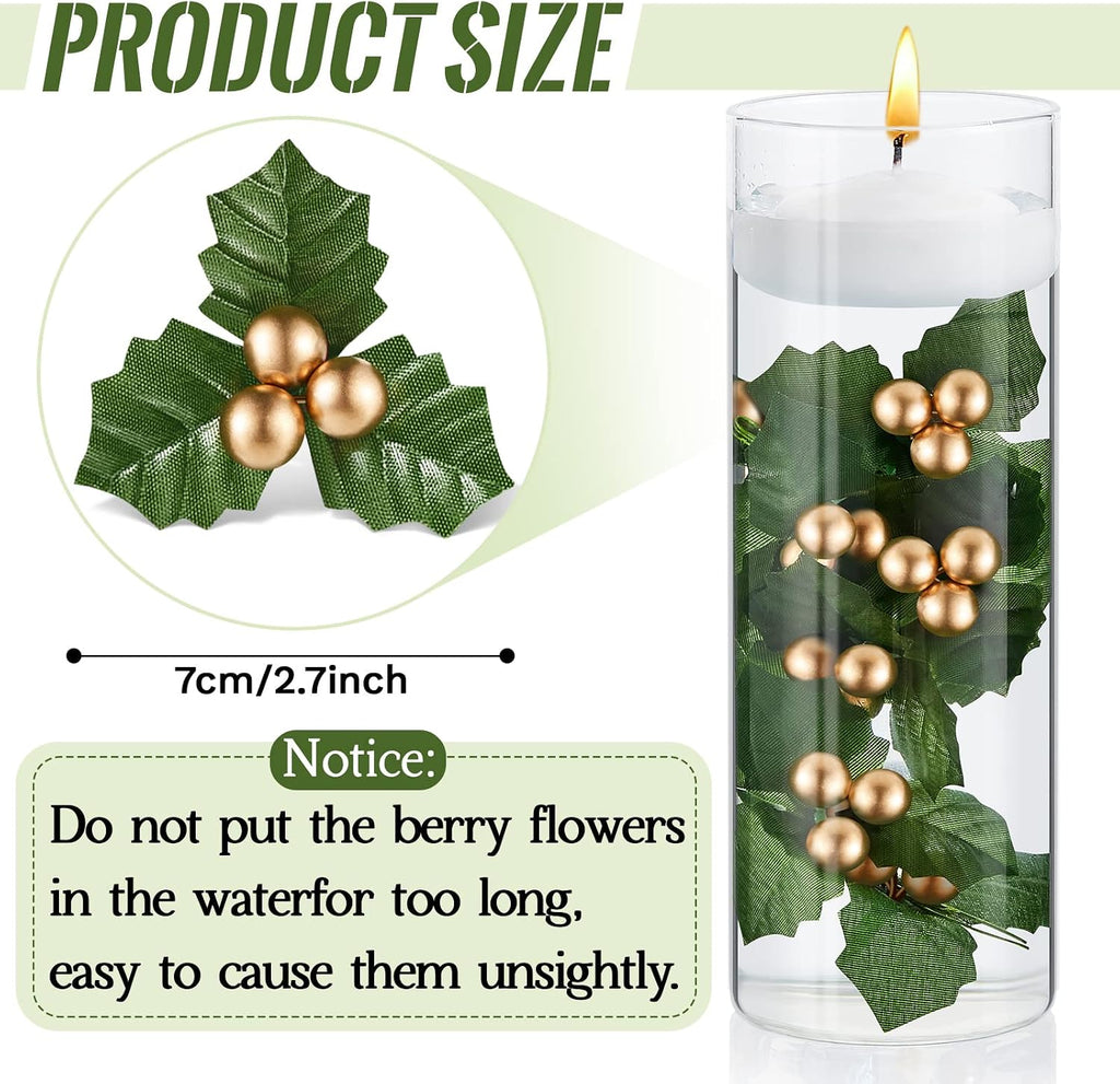 Canlierr 50 Pcs Christmas Holly Berries for Crafts Faux Berries Flowers and Holly Leaves Christmas Wreath Fillers for Vase Fillers Floating Candle Table Centerpiece(Gold)