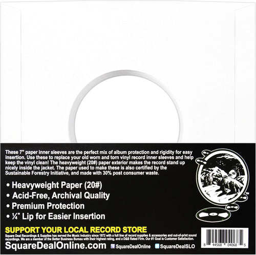 (100) Archival Quality Acid-Free Heavyweight Paper Inner Sleeves for 7" Vinyl Records #07IW