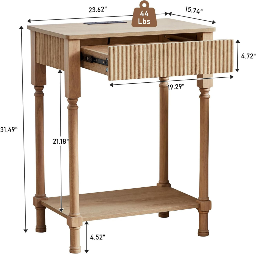 XUZENEST 23.6” Large End Table with Charging Station, Modern Farmhouse Side Table Sofa Tables with Fluted Drawer, Wooden Bedside Table Night Stand for Bedroom Living Room Home Office, Natural
