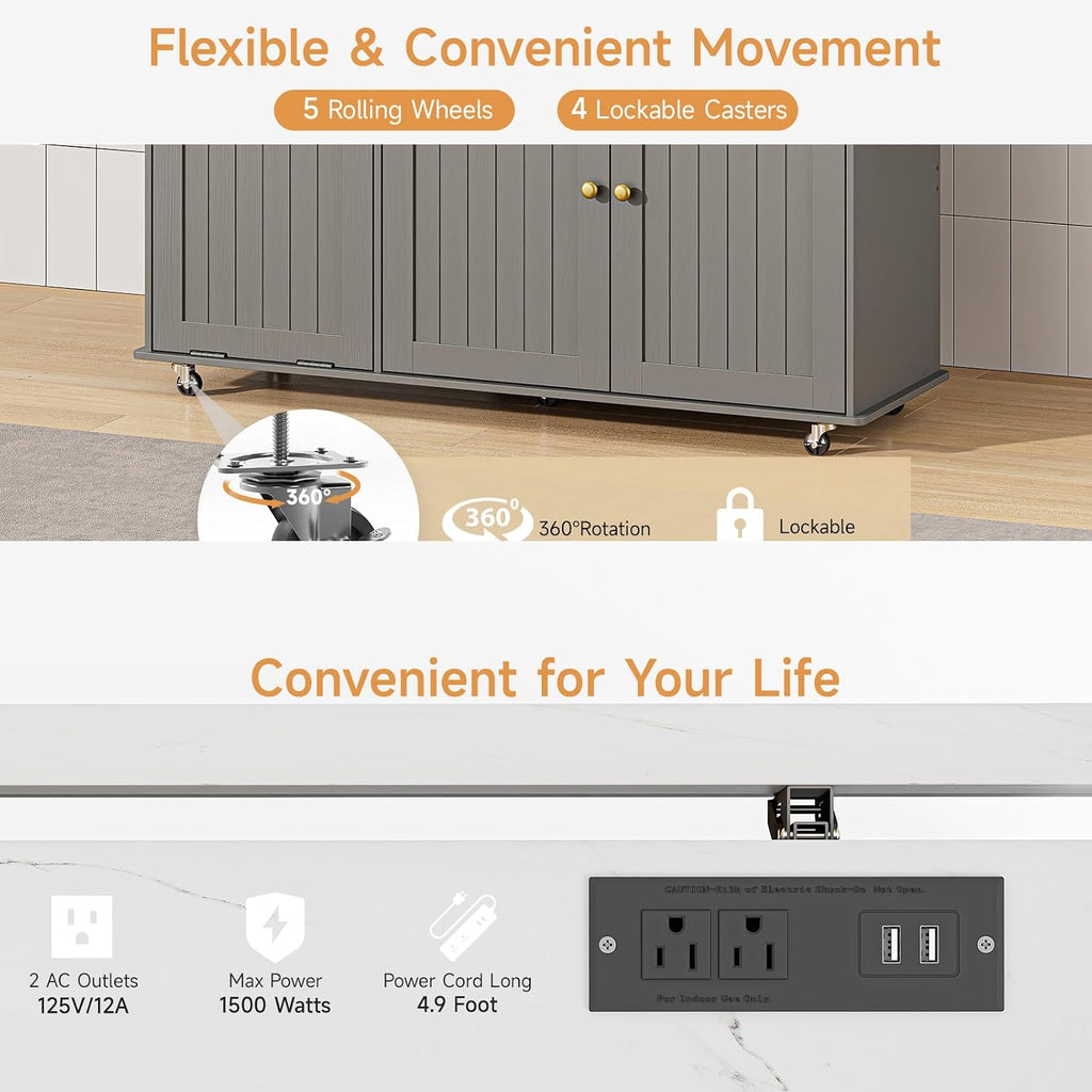 ONBRILL 60" Kitchen Island with Power Outlet & Drop Leaf, Rolling Island with Spice Rack & Towel Rack, Kitchen Island Cart with Trash Storage Cabinet, Island Table for Kitchen, Grey+Imitation Marble
