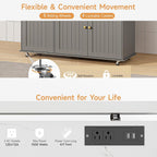 ONBRILL 60" Kitchen Island with Power Outlet & Drop Leaf, Rolling Island with Spice Rack & Towel Rack, Kitchen Island Cart with Trash Storage Cabinet, Island Table for Kitchen, Grey+Imitation Marble