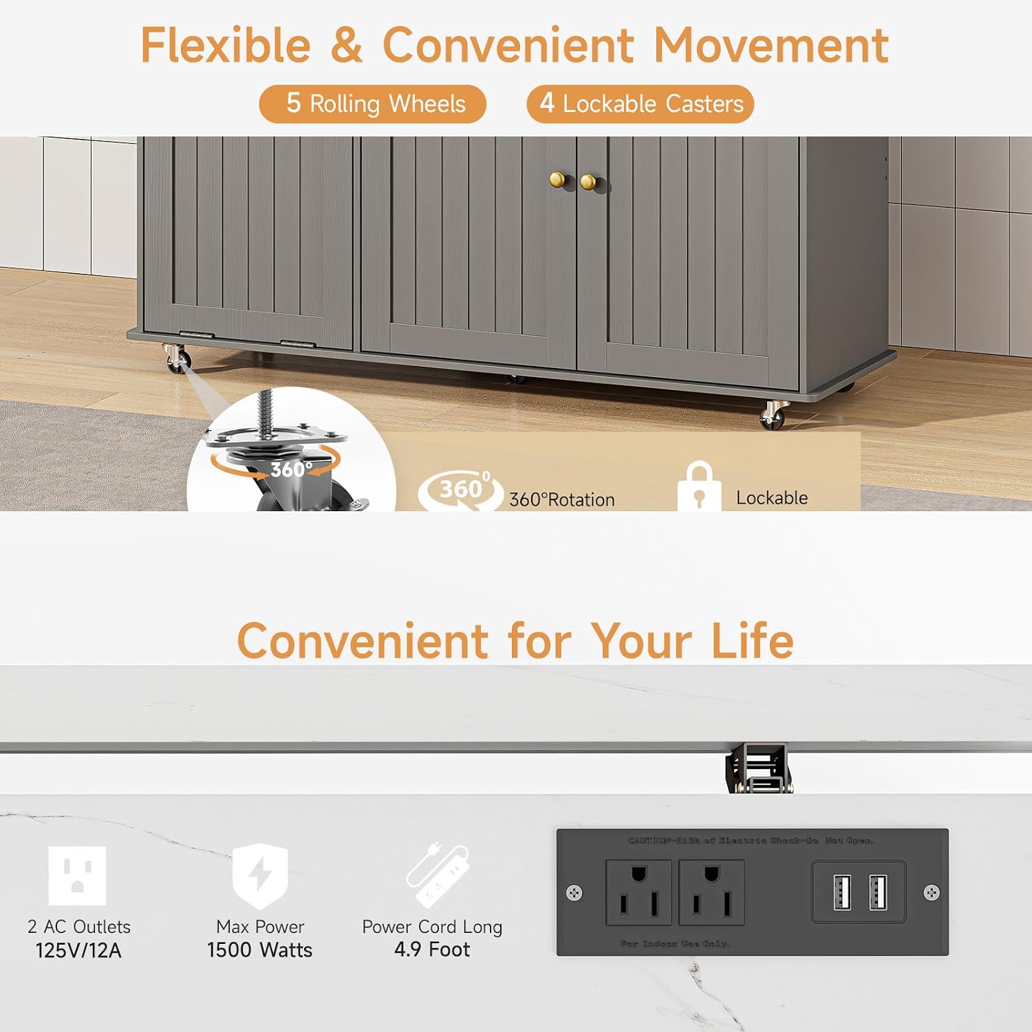 ONBRILL 60" Kitchen Island with Power Outlet & Drop Leaf, Rolling Island with Spice Rack & Towel Rack, Kitchen Island Cart with Trash Storage Cabinet, Island Table for Kitchen, Grey+Imitation Marble