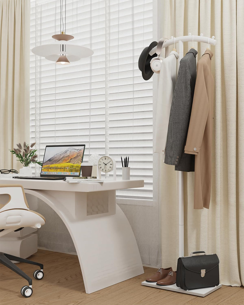 Freestanding Metal Clothes Rack with Natural Rock Base,68.9in,White | T-shaped Coat Hangers with Anti Slip Knots,Easy to Clean Garment Racks for Home,Durable Clothing Trees for Office