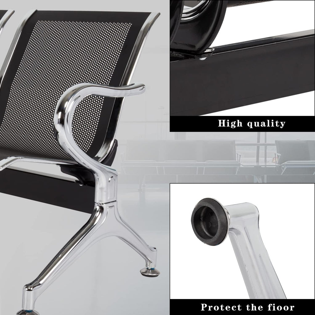 3-Seat Waiting Room Chairs - Waiting Room Bench with Arms Airport Reception Bench Guest Reception Chairs Lobby Bench Waiting Area for Airport Market Bank Hospital School Barbersho, Black