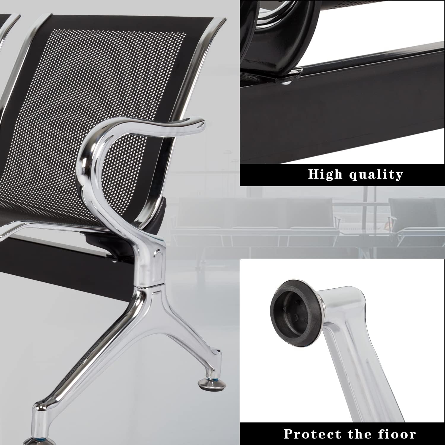 3-Seat Waiting Room Chairs - Waiting Room Bench with Arms Airport Reception Bench Guest Reception Chairs Lobby Bench Waiting Area for Airport Market Bank Hospital School Barbersho, Black