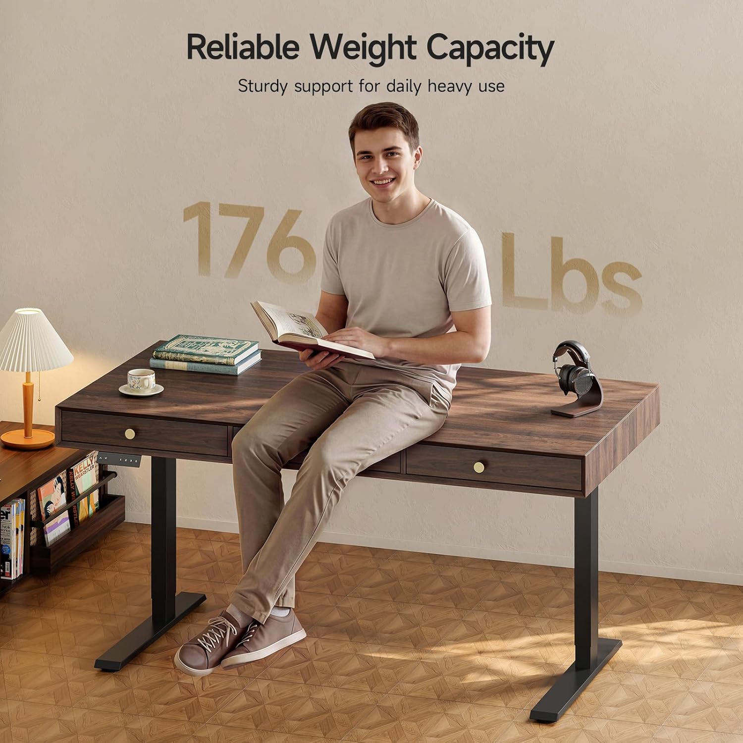 Electric Standing Desk with 3 Drawers, 63 x 24 Inch Height Adjustable Stand up Desk with Storage and Widened Legs, Retro Home Office Desks with Memory Controller for Computer Workstation, Walnut