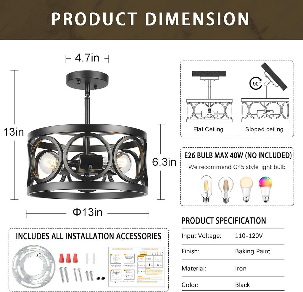 Farmhouse Semi Flush Mount Ceiling Light,3-Light Industry Black Sloped Ceiling Light Fixtures D13 Inches Drum Metal Light Fixture for Entryway Foyer Hallway Kitchen Dining Room