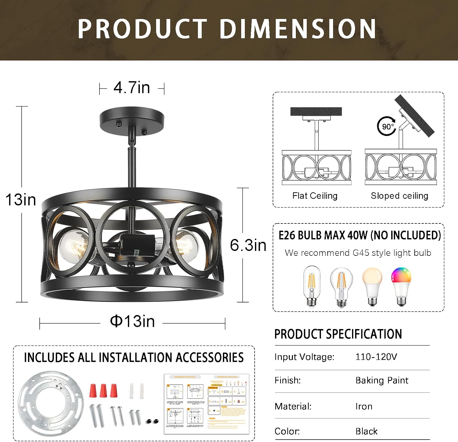 Farmhouse Semi Flush Mount Ceiling Light,3-Light Industry Black Sloped Ceiling Light Fixtures D13 Inches Drum Metal Light Fixture for Entryway Foyer Hallway Kitchen Dining Room