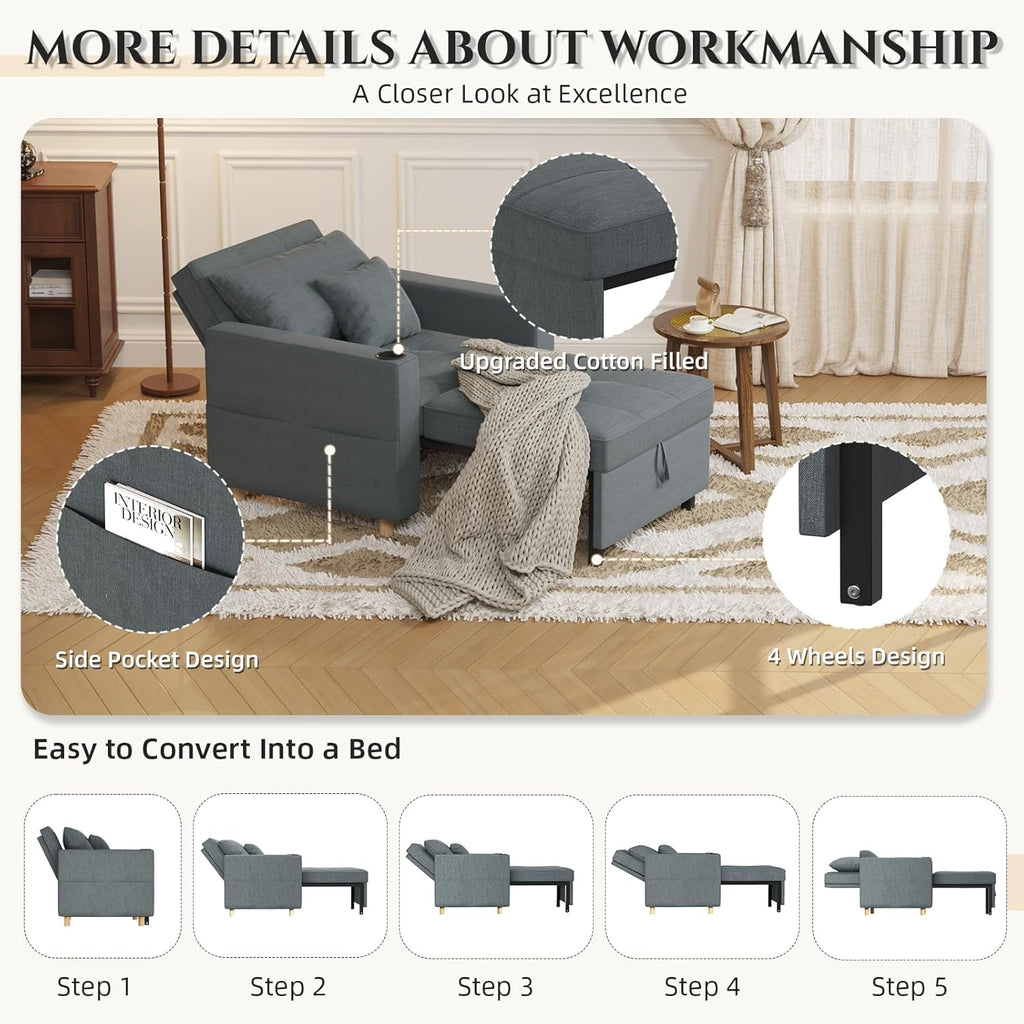YODOLLA Sleeper Chair for Adults, 38" Extra Wide Convertible Chair Bed, Upgraded 3-in-1 Pull Out Single Sofa with Adjustable Backrest, Cup Holder for Living Room Apartment Small Space, Dark Grey