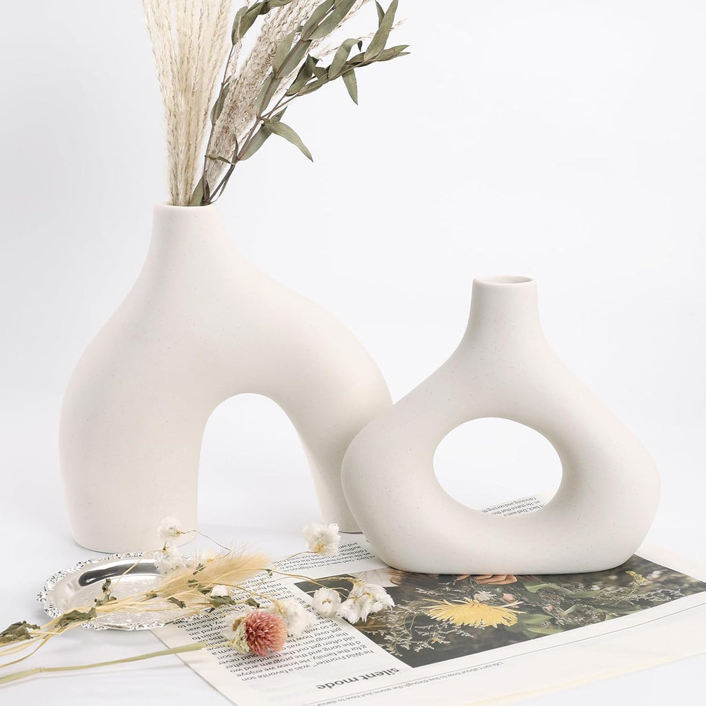 White Ceramic Vase Set of 2, Minimalist Hollow Donut Vases for Pampas Grass, Dried Flowers, Table, Countertops, Boho Modern Decorative Vase for Home Decor, Living Room, Bedroom, Farmhouse