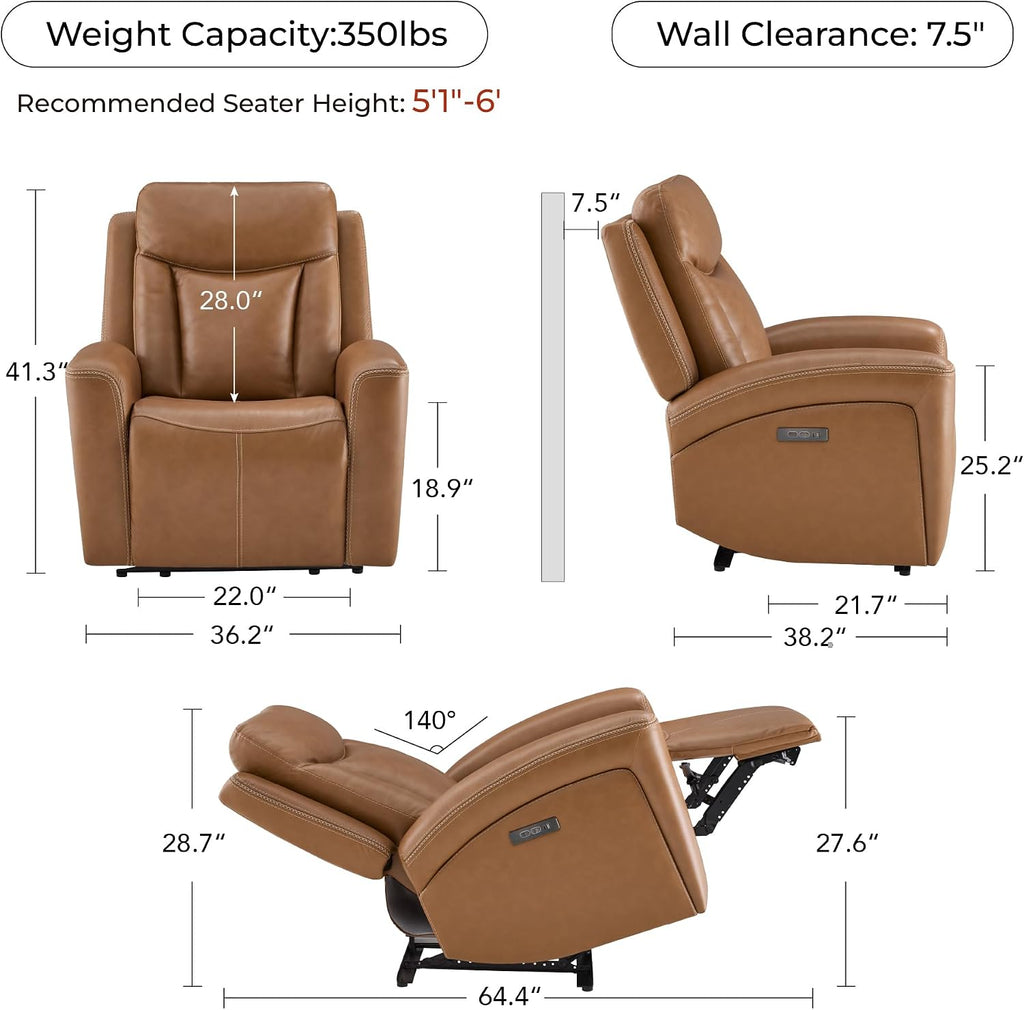CHITA Genuine Leather Power Recliner Chair for Adults, Super Zero Gravity Recliner with Adjustable Power Headrest & USB/Type-C Ports, for Living Room, Bedroom & Home Theater, Saddle