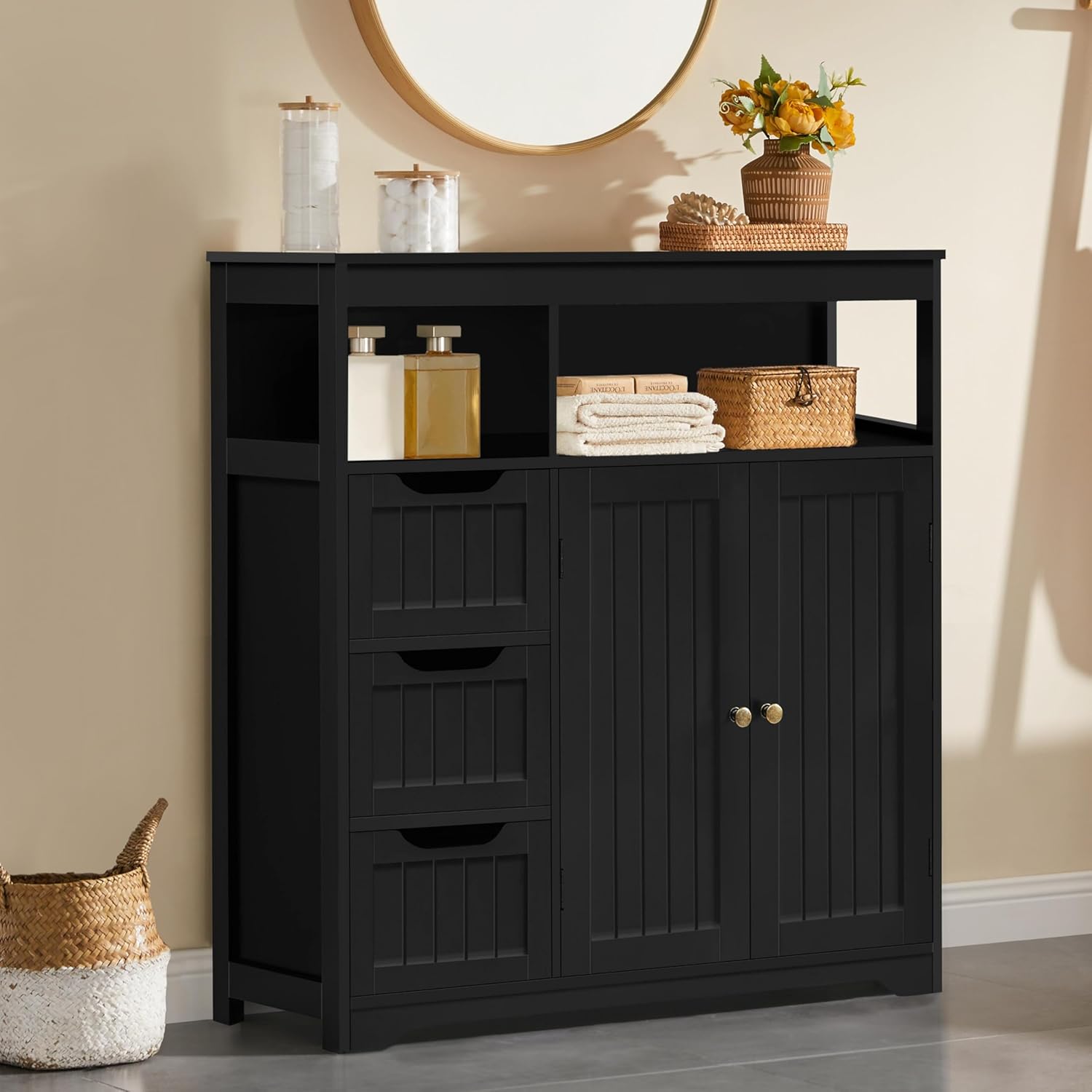 Yaheetech Bathroom Storage Cabinet, Wide Floor Cabinet with 3 Drawers and 2 Doors, Barhroom Storage Organizer with 2 Open Shelves, Adjustable Shelf, for Living Room, Kitchen, Hallway, Black