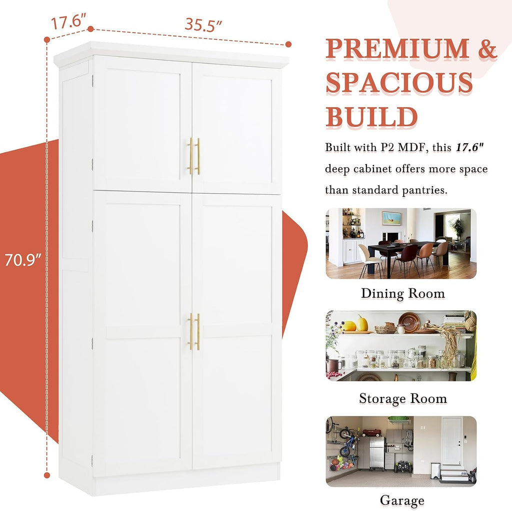 Freestanding Kitchen Pantry Cabinet, Tall Larder Cupboard Storage Cabinet with 4 Doors, 2 Door Shelves, 8 Pull-Out Trays and Adjustable Shelf for Dining Room