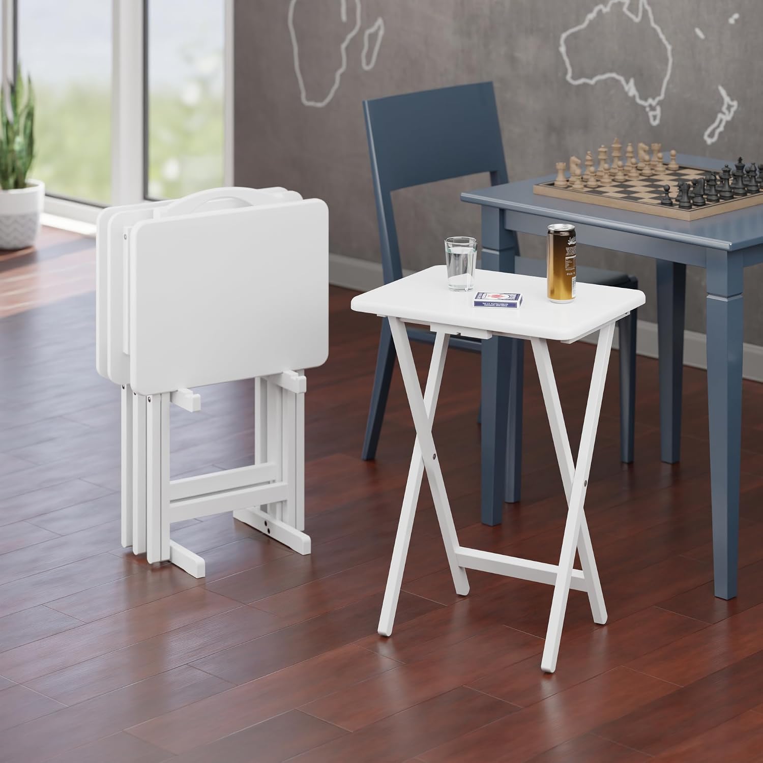 Winsome Alex Set of 4 Foldable Snack Tables with Storage Rack, Easy to Store Portable Fold Up Table Set for Kitchen, Living Room TV Dining, Crafts, Puzzles, Work from Home