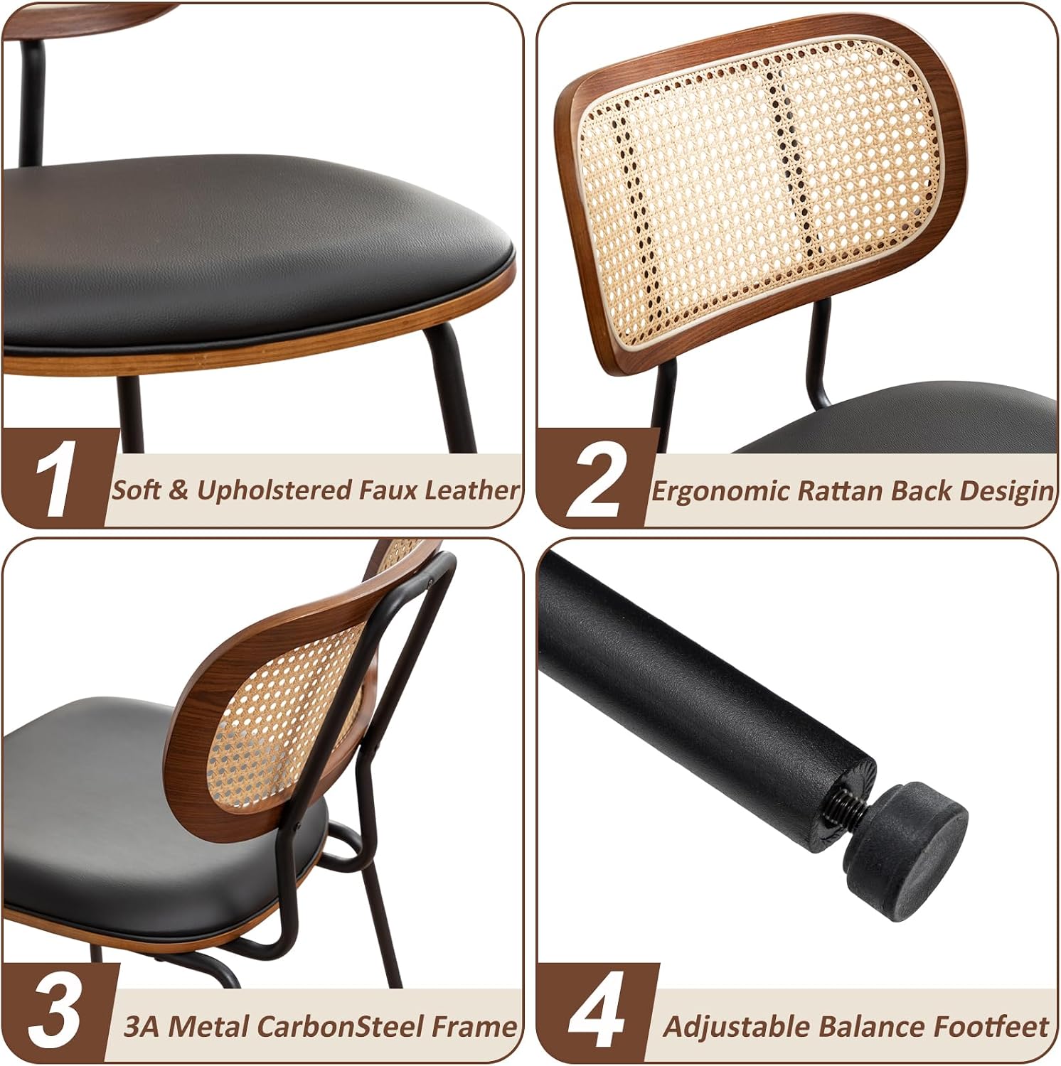 AQG Rattan Dining Chairs Set of 4, Mid Century Modern Dining Chairs, Cane Back Chairs, Cane Back Leather, Kitchen & Dining Room Chairs with Metal Legs (Black-PU, Set of 4-Rattan)