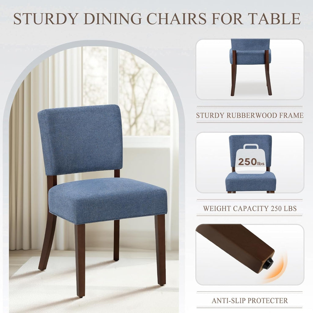 COLAMY Upholstered Dining Chairs Set of 2, Fabric Kitchen Chairs with Padded Seat & Back, Solid Wood Legs, Modern Simple Dining Room Chairs for Kitchen, Dining Room, Living Room, Blue
